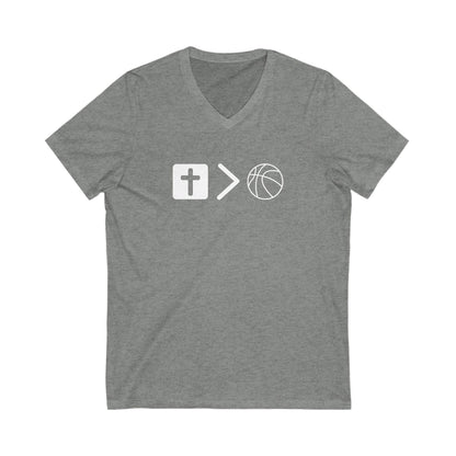 V neck Unisex Jesus is bigger than basketball Tee