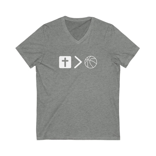 V neck Unisex Jesus is bigger than basketball Tee