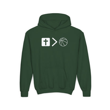 Jesus is bigger than basketball Youth Heavy Blend Hooded Sweatshirt