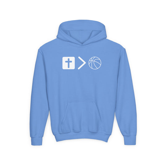 Jesus is bigger than basketball Youth Heavy Blend Hooded Sweatshirt
