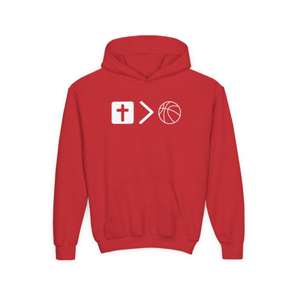 Jesus is bigger than basketball Youth Heavy Blend Hooded Sweatshirt