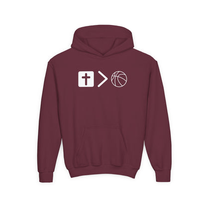 Jesus is bigger than basketball Youth Heavy Blend Hooded Sweatshirt