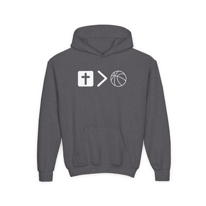 Jesus is bigger than basketball Youth Heavy Blend Hooded Sweatshirt