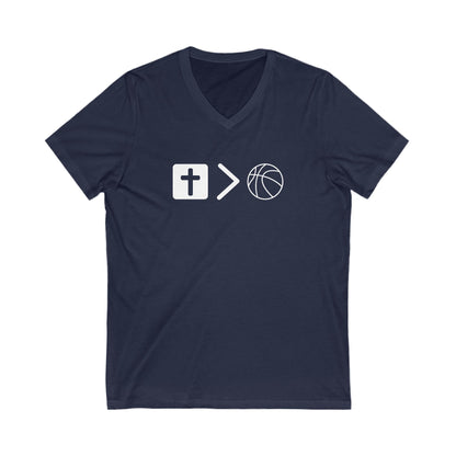 V neck Unisex Jesus is bigger than basketball Tee